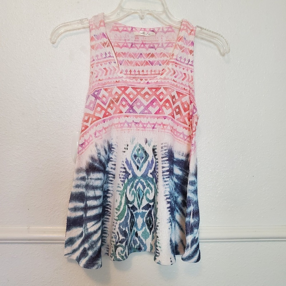 Gaze USA Womens Pink Blue Geometric Tie Dye Ikat Knit Racerback Tank Top Small